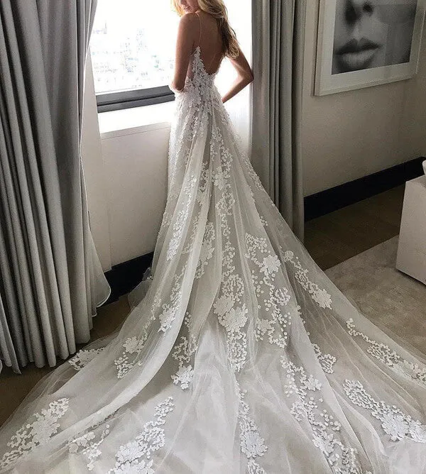 Spaghetti Straps Beach Wedding Dress, Boho Bridal Gown with Appliques Lace,MW340