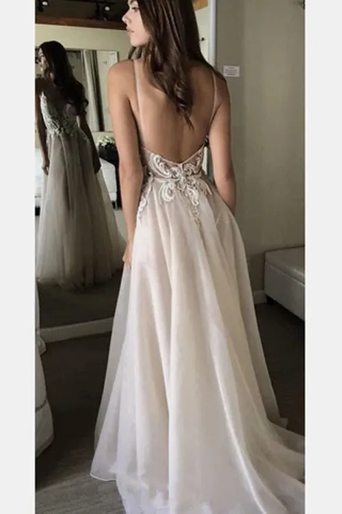 Spaghetti Straps Deep V-neck Lace Appliqued Beach Wedding Dress, MW306
