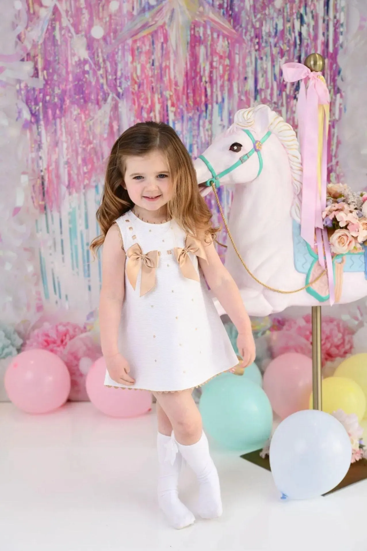 SS25 Baby Girls White & Camel A Line Dress