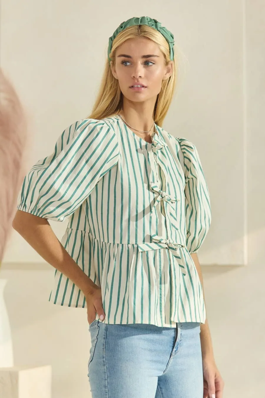 Striped Cotton Poplin Front Tie Ribbon Blouse