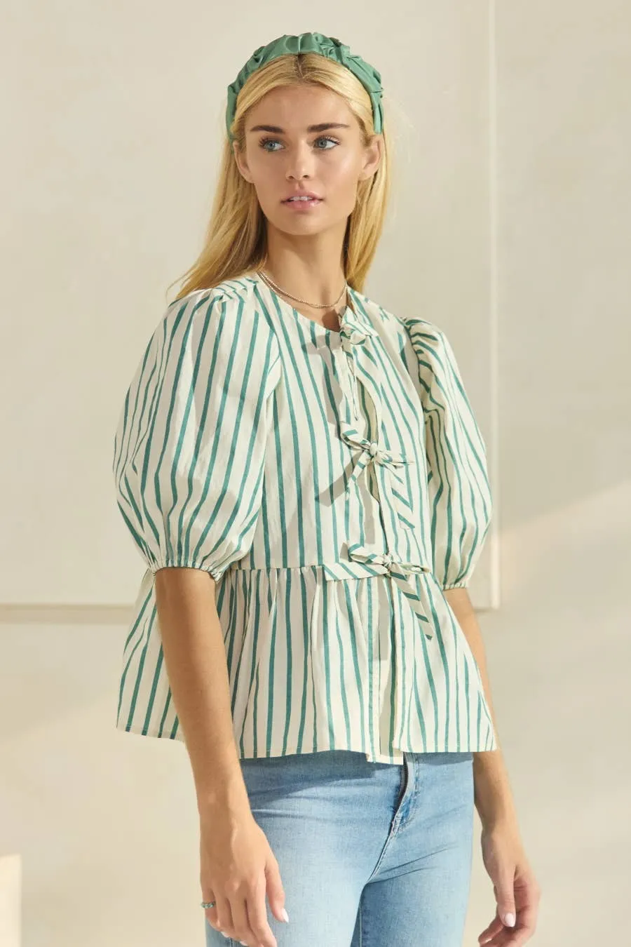 Striped Cotton Poplin Front Tie Ribbon Blouse