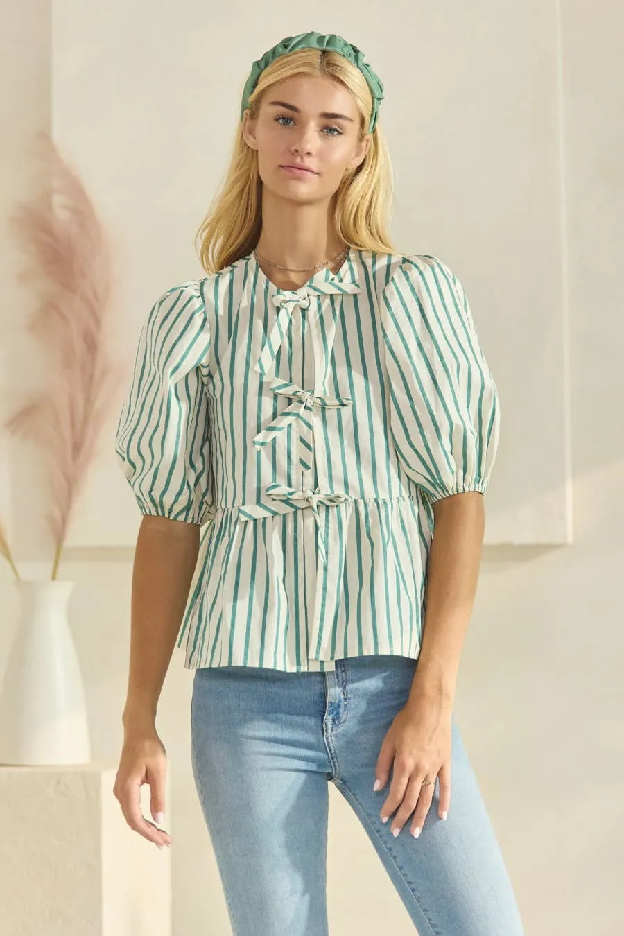 Striped Cotton Poplin Front Tie Ribbon Blouse