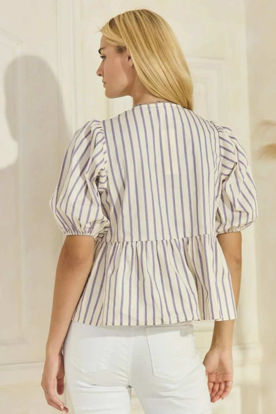 Striped Cotton Poplin Front Tie Ribbon Blouse
