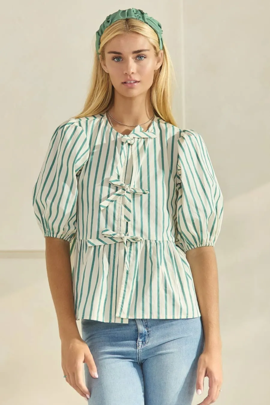 Striped Cotton Poplin Front Tie Ribbon Blouse