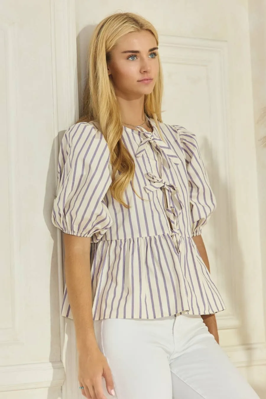 Striped Cotton Poplin Front Tie Ribbon Blouse
