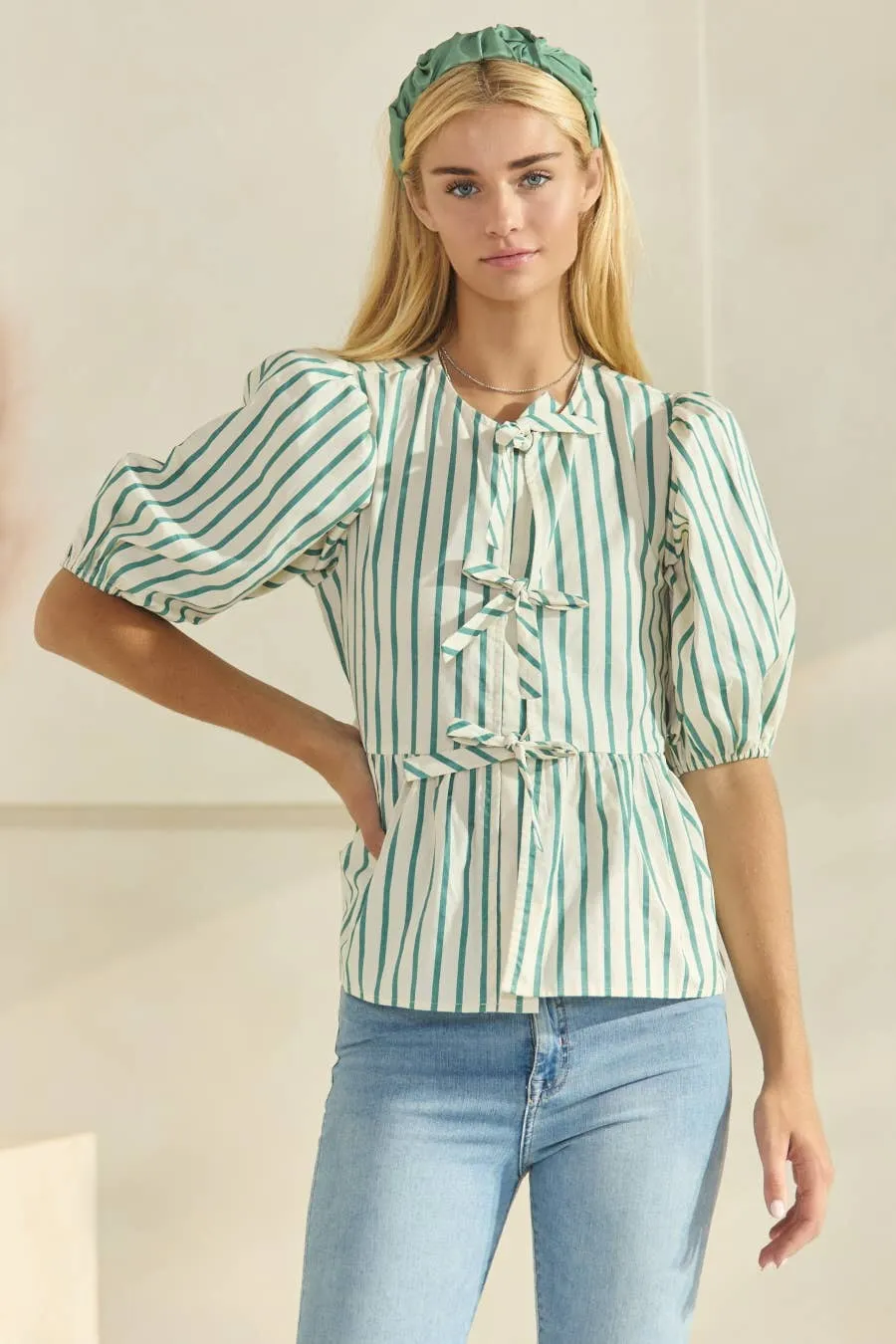 Striped Cotton Poplin Front Tie Ribbon Blouse