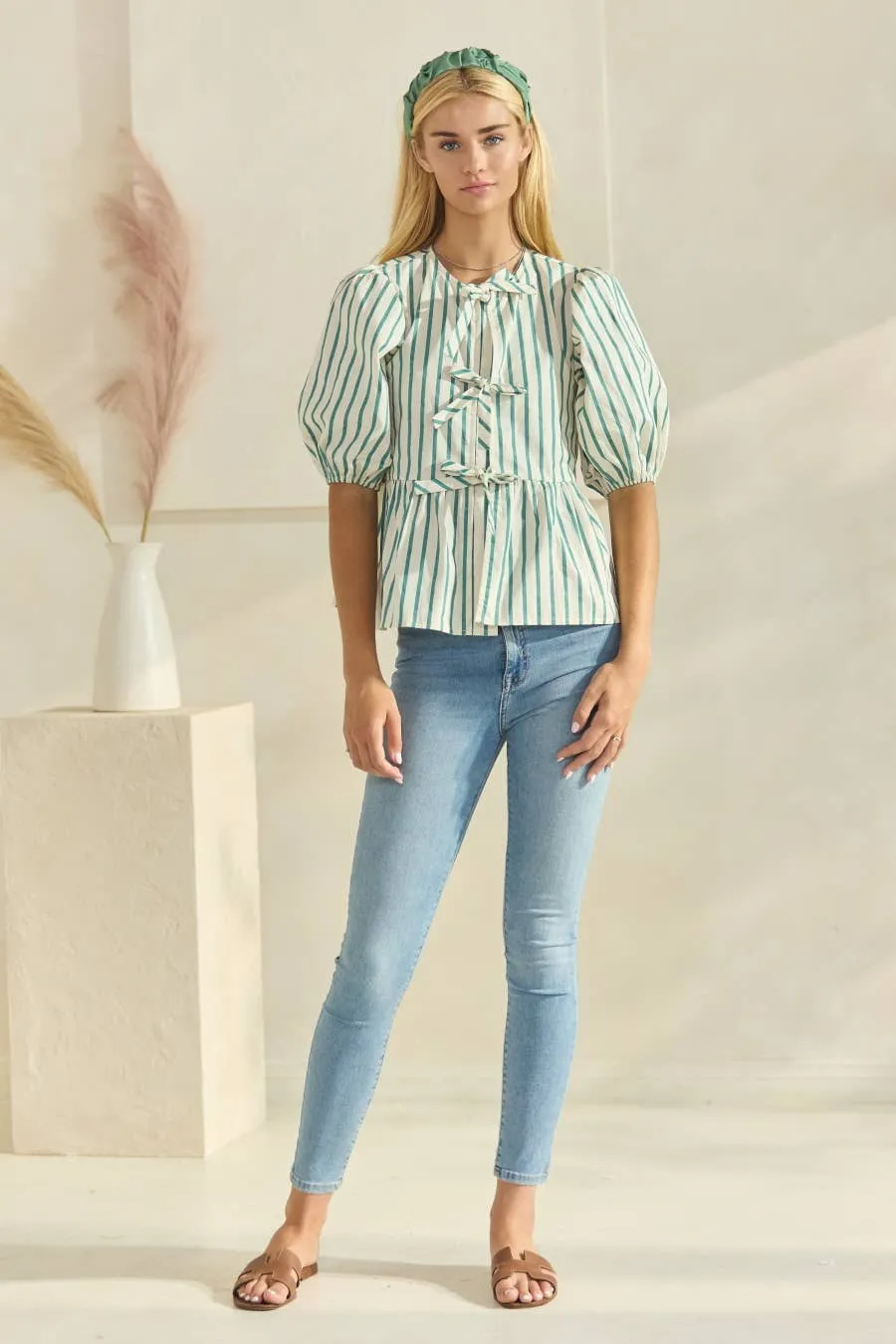 Striped Cotton Poplin Front Tie Ribbon Blouse