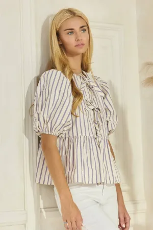 Striped Cotton Poplin Front Tie Ribbon Blouse