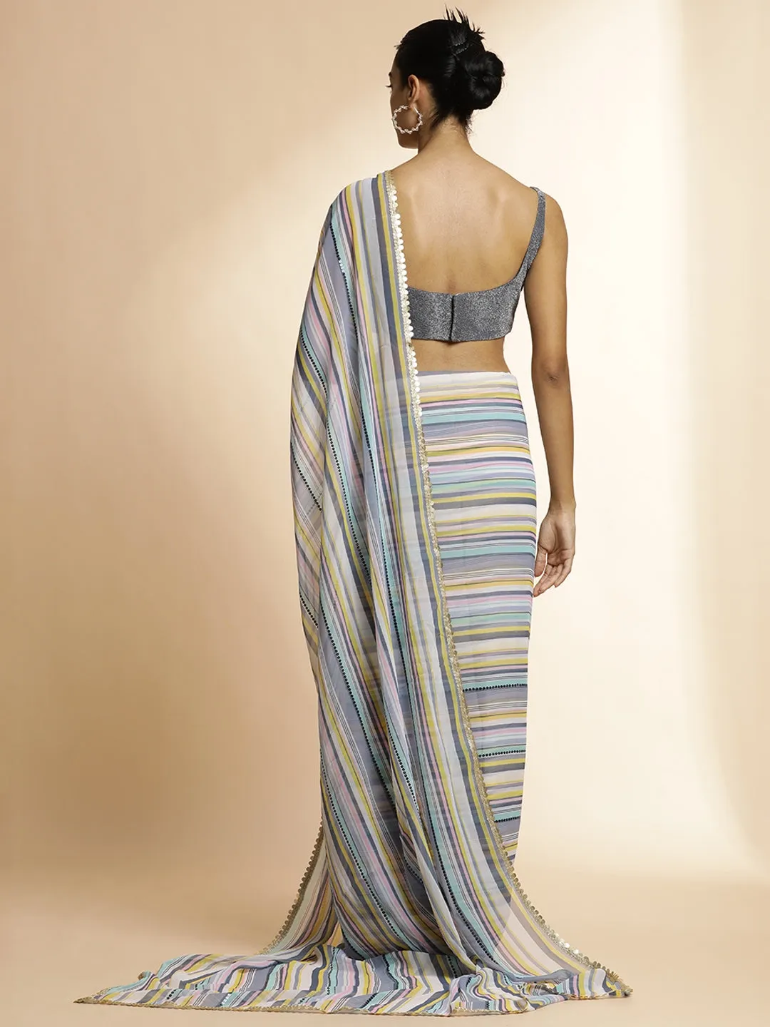 Striped Sequin Embellished Festive Multicolor Saree