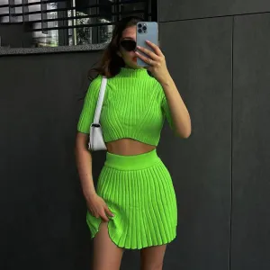 Summer New Fashionable, Elegant and Sexy Slim Fit Sunken Stripe Knitted Skirt Short Sleeve Solid Color Suit for Women
