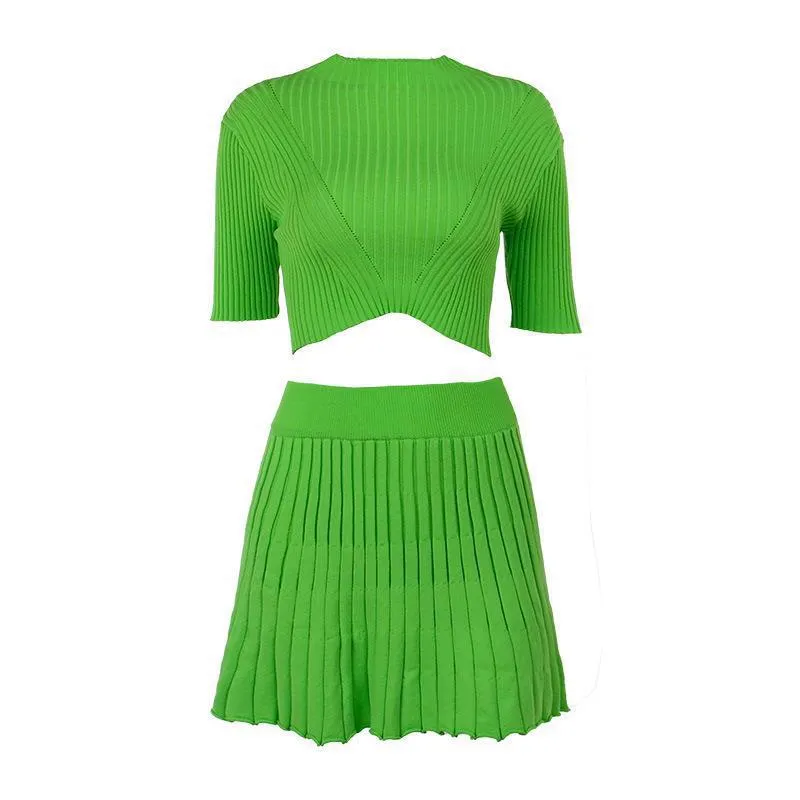 Summer New Fashionable, Elegant and Sexy Slim Fit Sunken Stripe Knitted Skirt Short Sleeve Solid Color Suit for Women