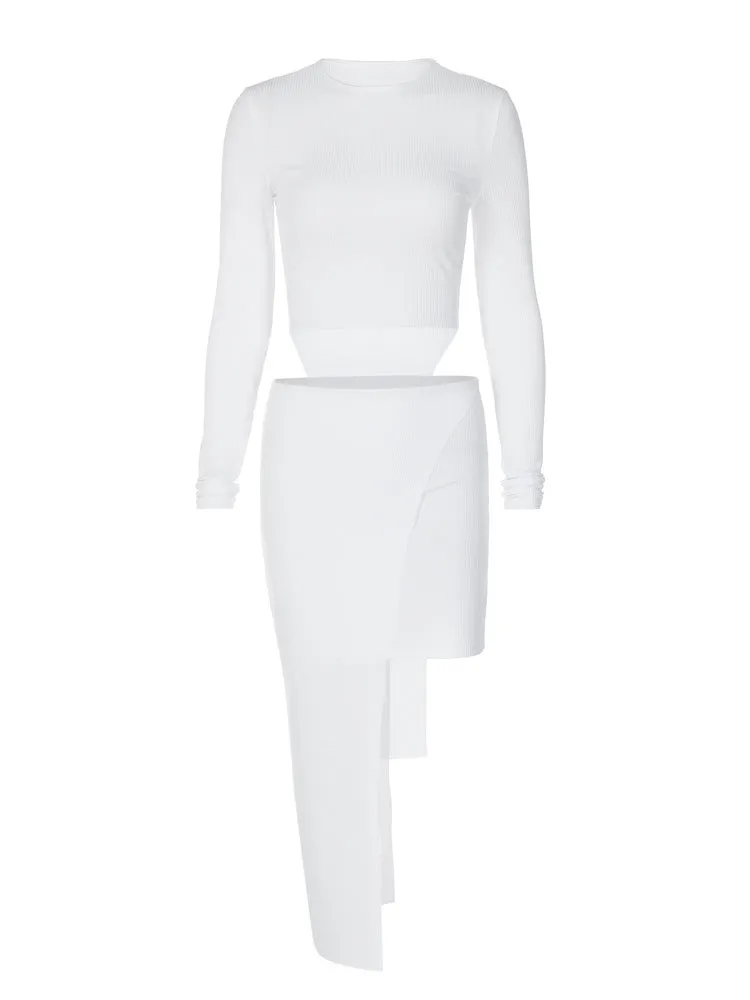 Sunken Stripe Long Sleeve Fake Two-Piece Skirts Suit European and American2023Autumn New Internet Celebrity Irregular Two-Piece Set for Women Wholesale