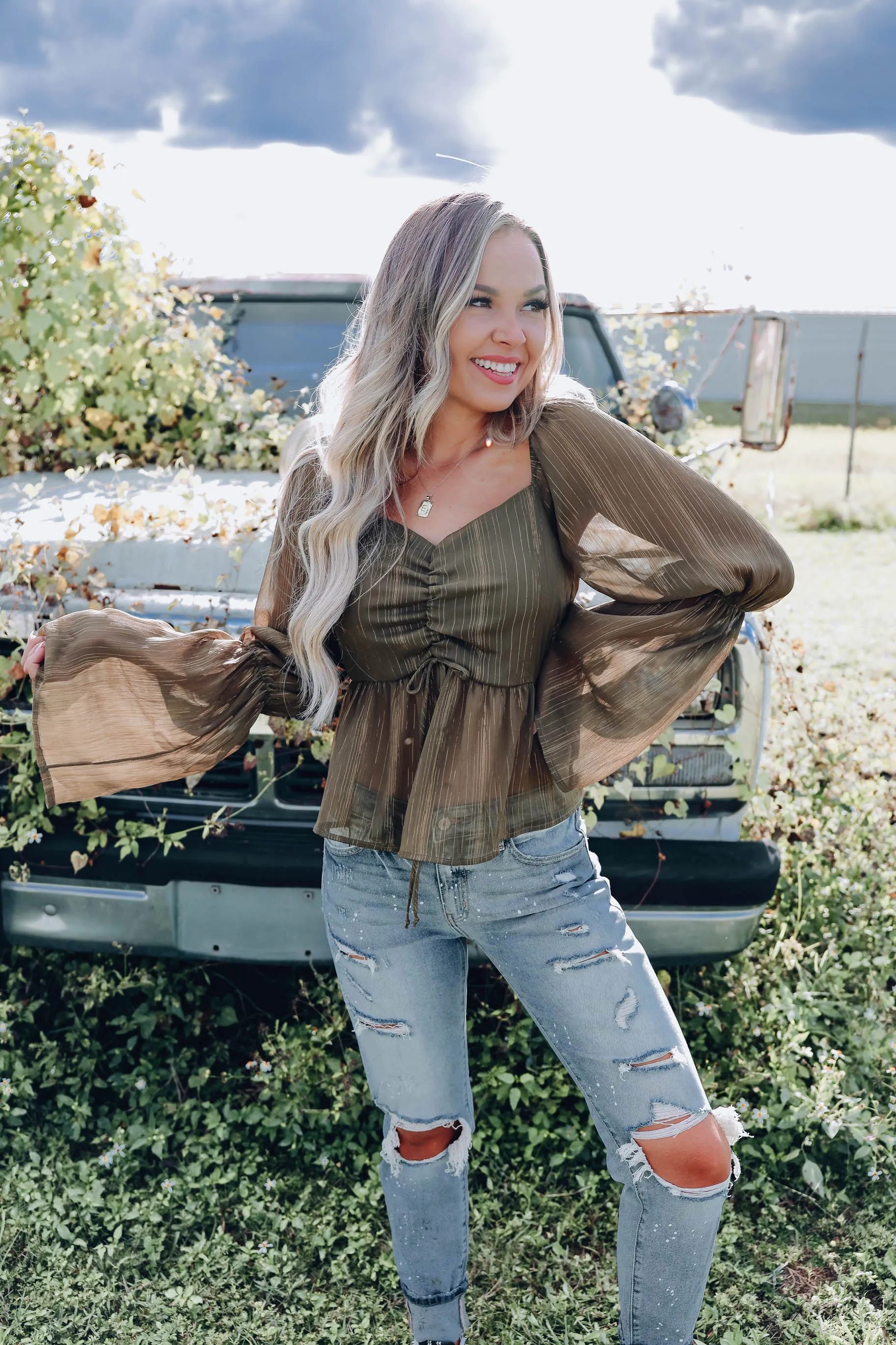 Sweetheart Chiffon Peplum Blouse - Olive