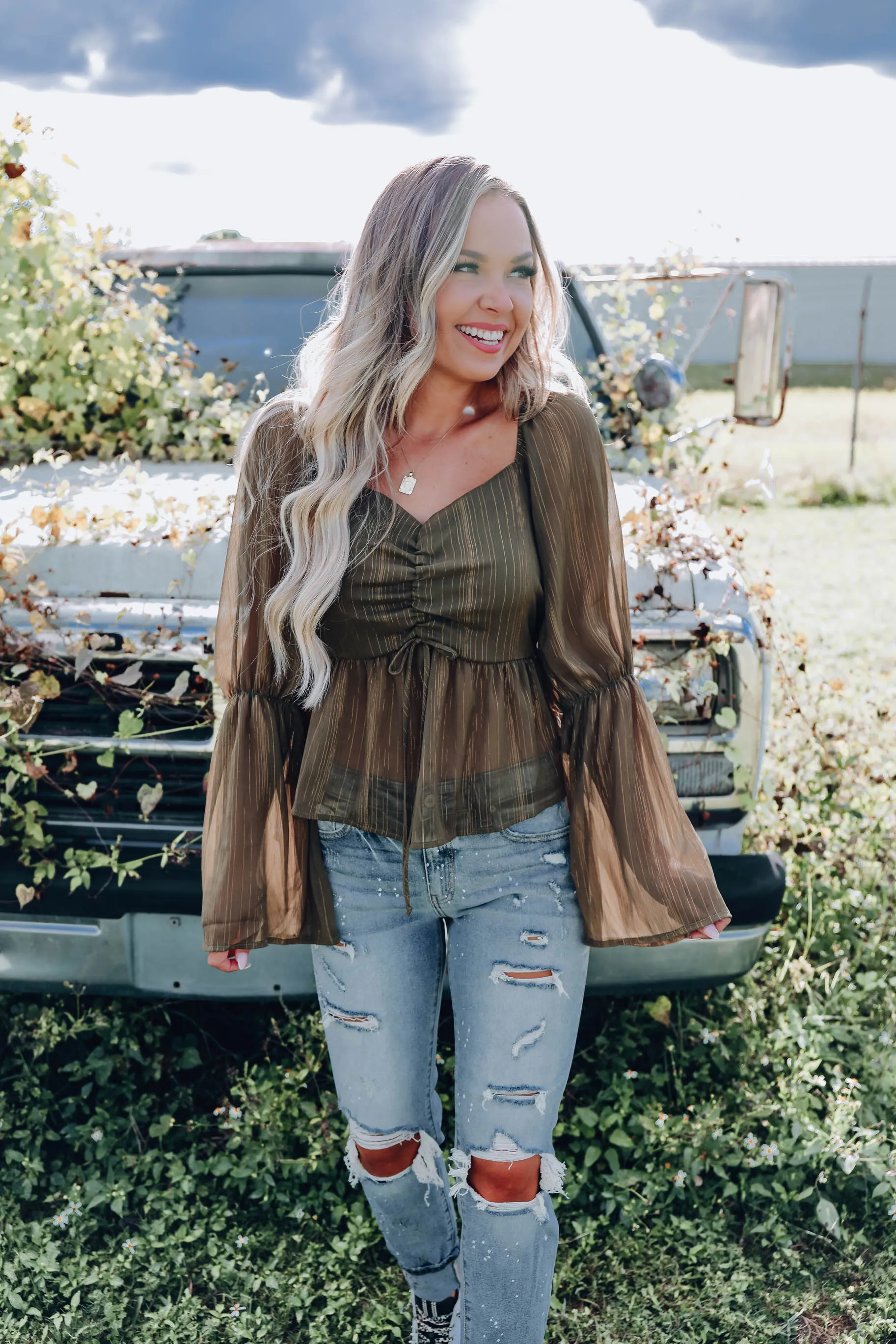 Sweetheart Chiffon Peplum Blouse - Olive