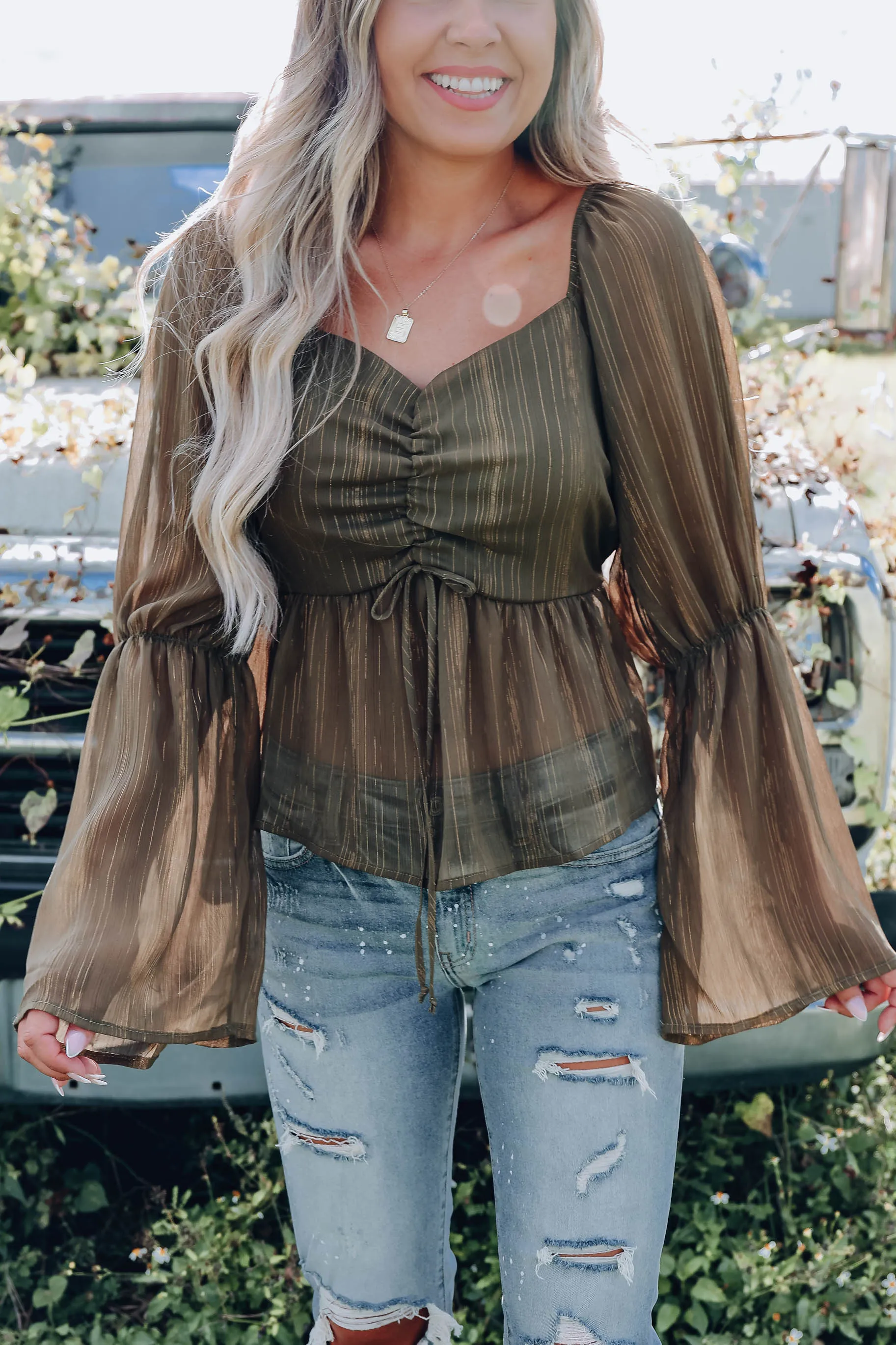 Sweetheart Chiffon Peplum Blouse - Olive