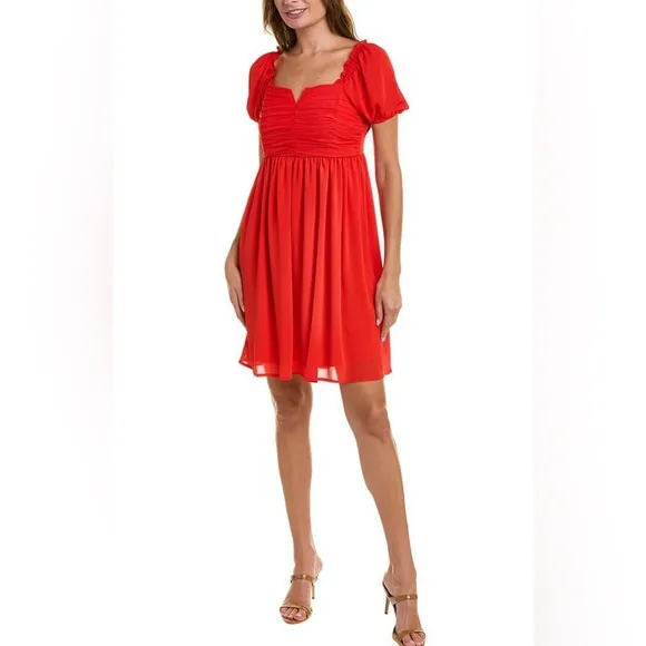 Tahari ASL Puff Sleeve Mini Dress Ruched Bodice in Grenadine Red Size 2, NWT