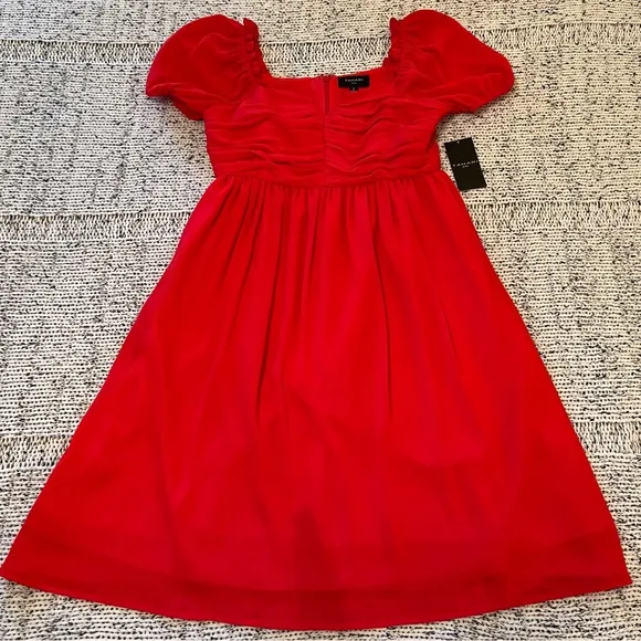 Tahari ASL Puff Sleeve Mini Dress Ruched Bodice in Grenadine Red Size 2, NWT