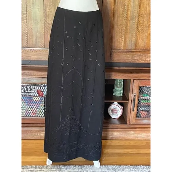 Talbots Black Label Maxi Skirt Size 10‎ Black Wool w/ Black Embroidered Pattern