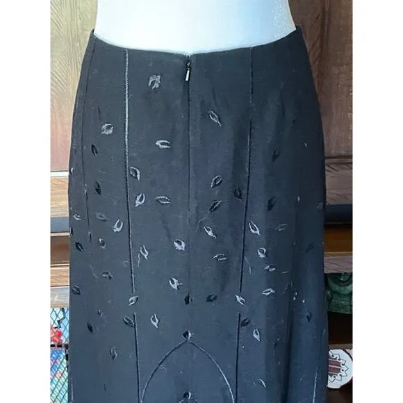 Talbots Black Label Maxi Skirt Size 10‎ Black Wool w/ Black Embroidered Pattern