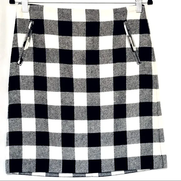 TALBOTS BUFFALO PLAID BLK/WHI CHECKERED WOOL BLEND MINI PENCIL SKIRT SIZE 2 NWOT