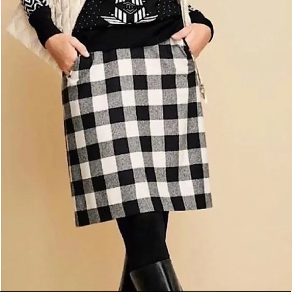 TALBOTS BUFFALO PLAID BLK/WHI CHECKERED WOOL BLEND MINI PENCIL SKIRT SIZE 2 NWOT