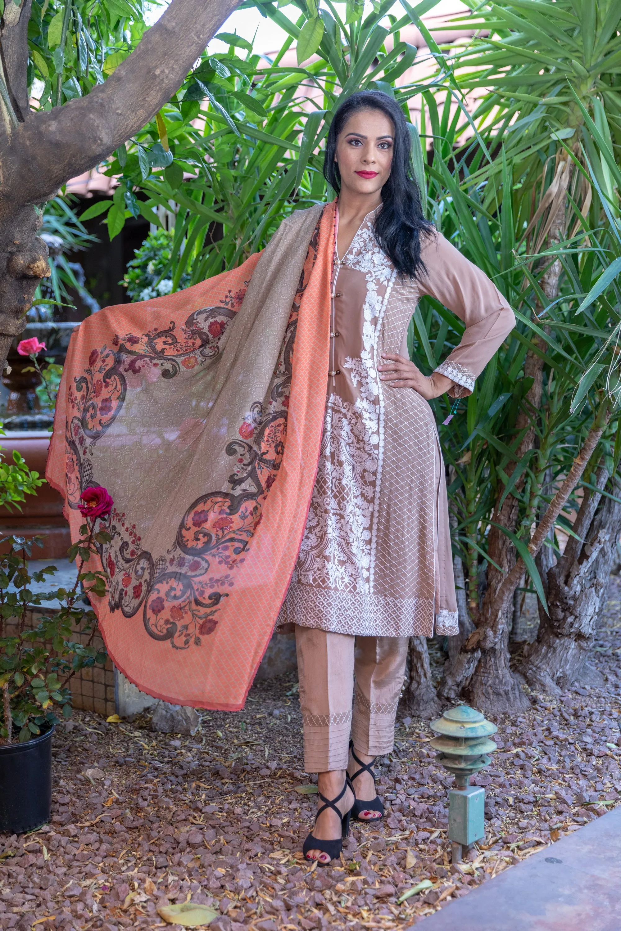 Tan Color Georgette Suit Salwar Kameez With Embroidery