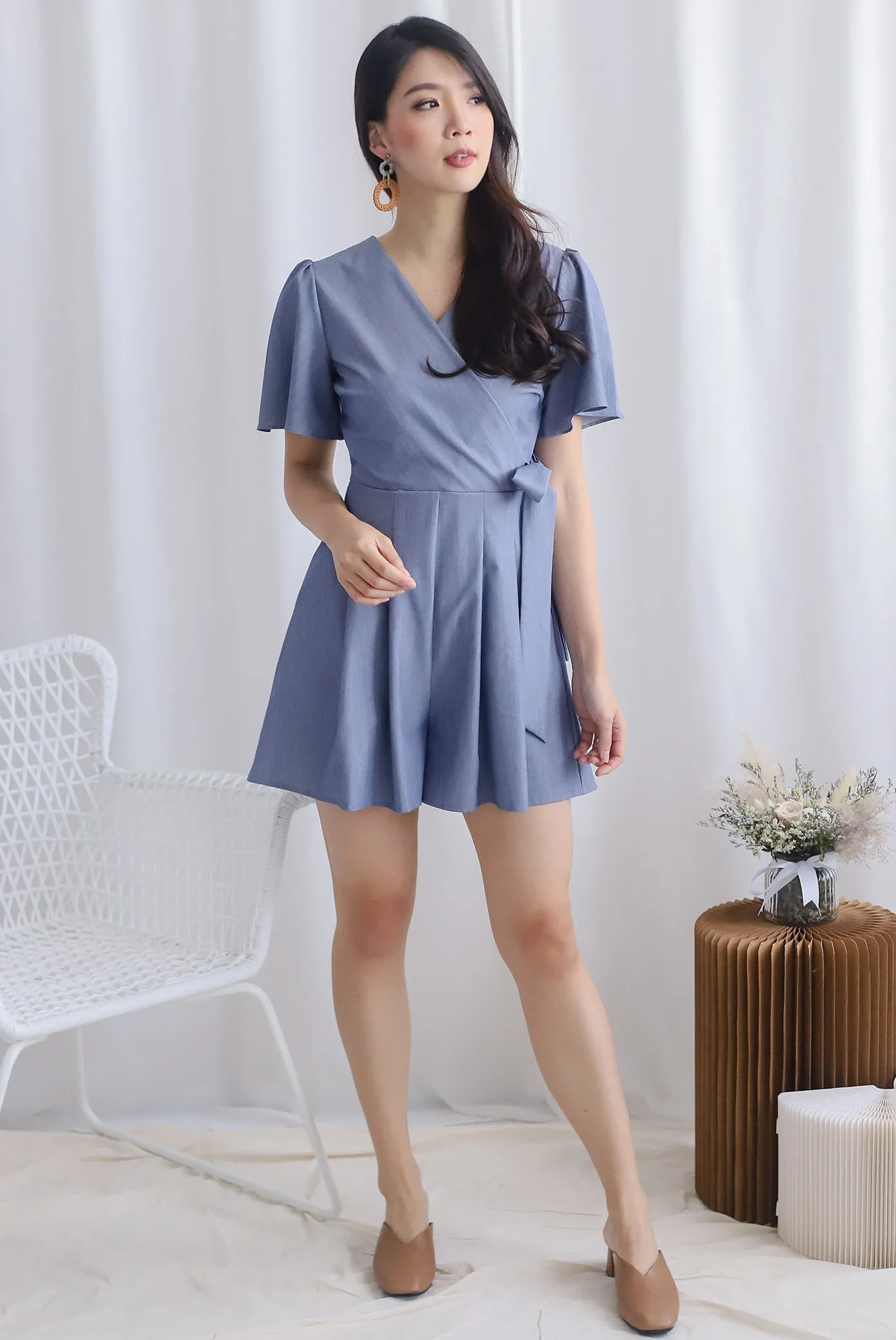 TDC Blossom Sleeved Romper In Dark Blue