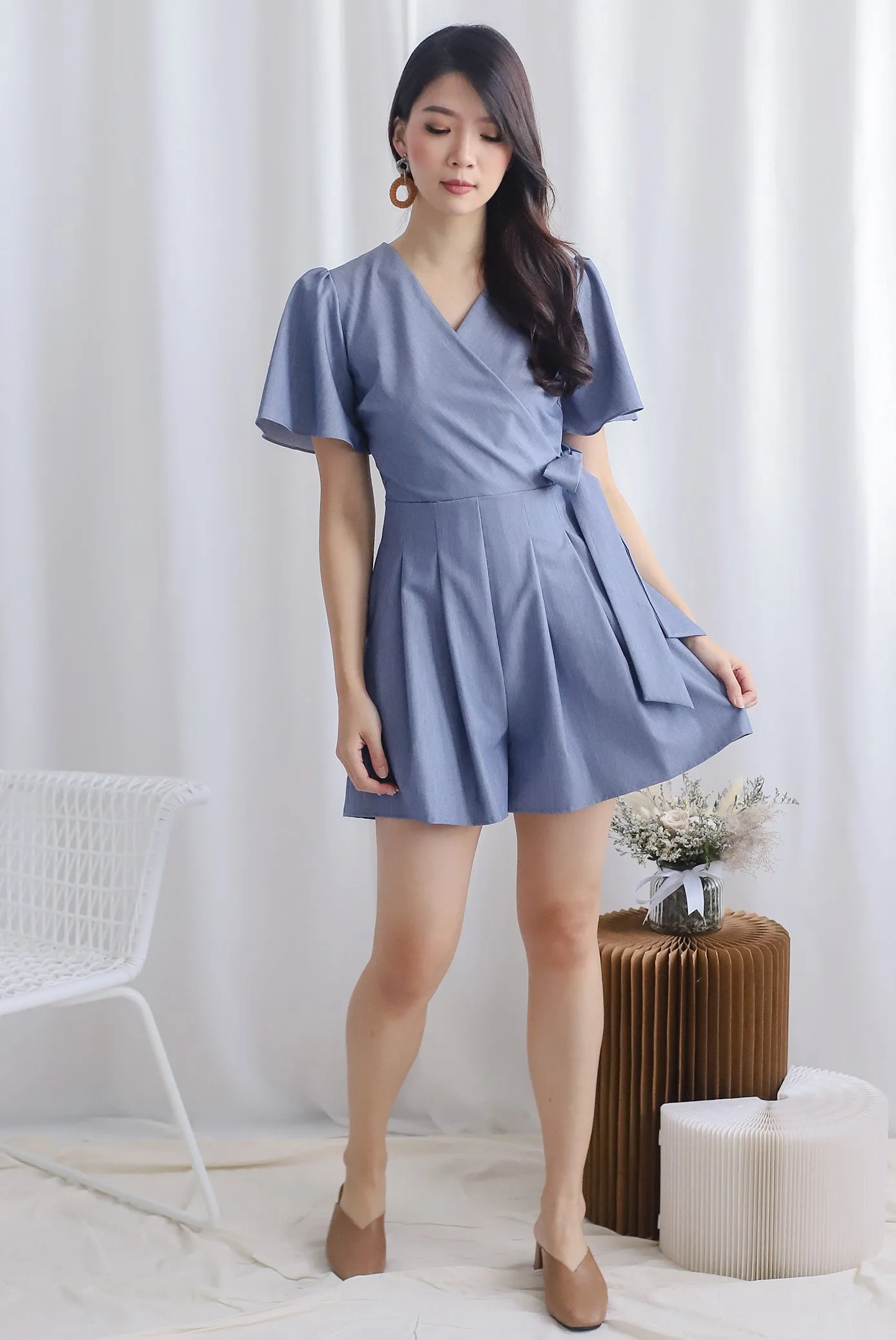 TDC Blossom Sleeved Romper In Dark Blue