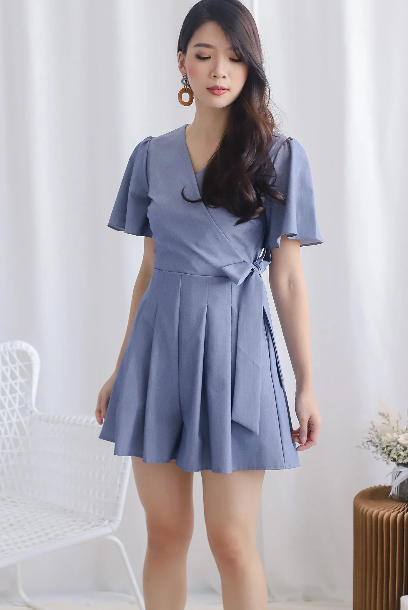 TDC Blossom Sleeved Romper In Dark Blue