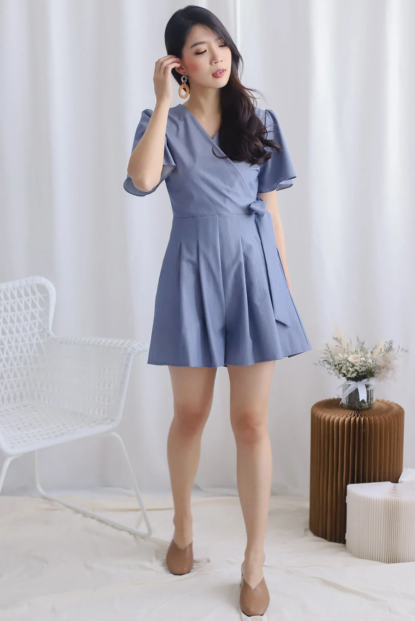 TDC Blossom Sleeved Romper In Dark Blue