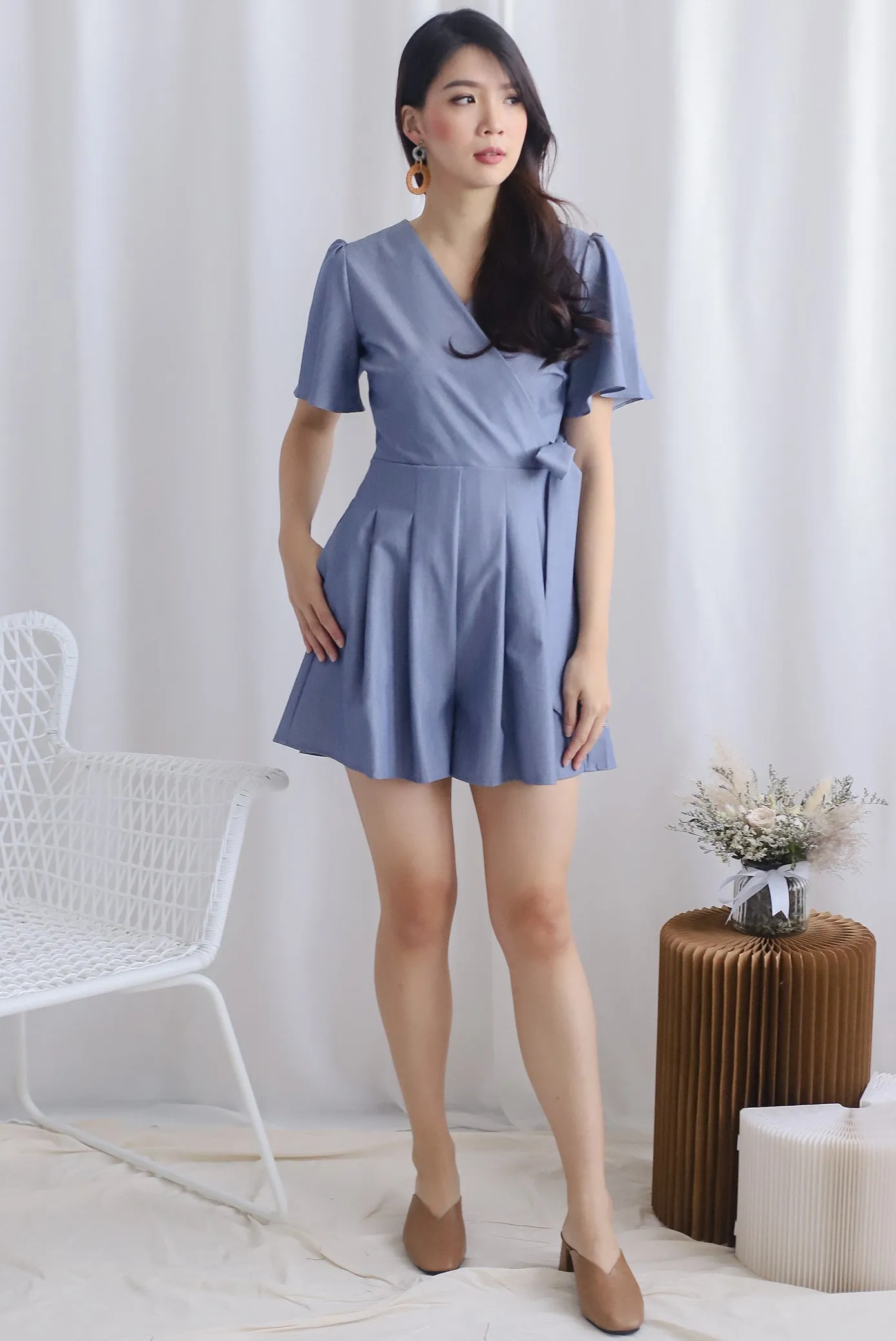 TDC Blossom Sleeved Romper In Dark Blue