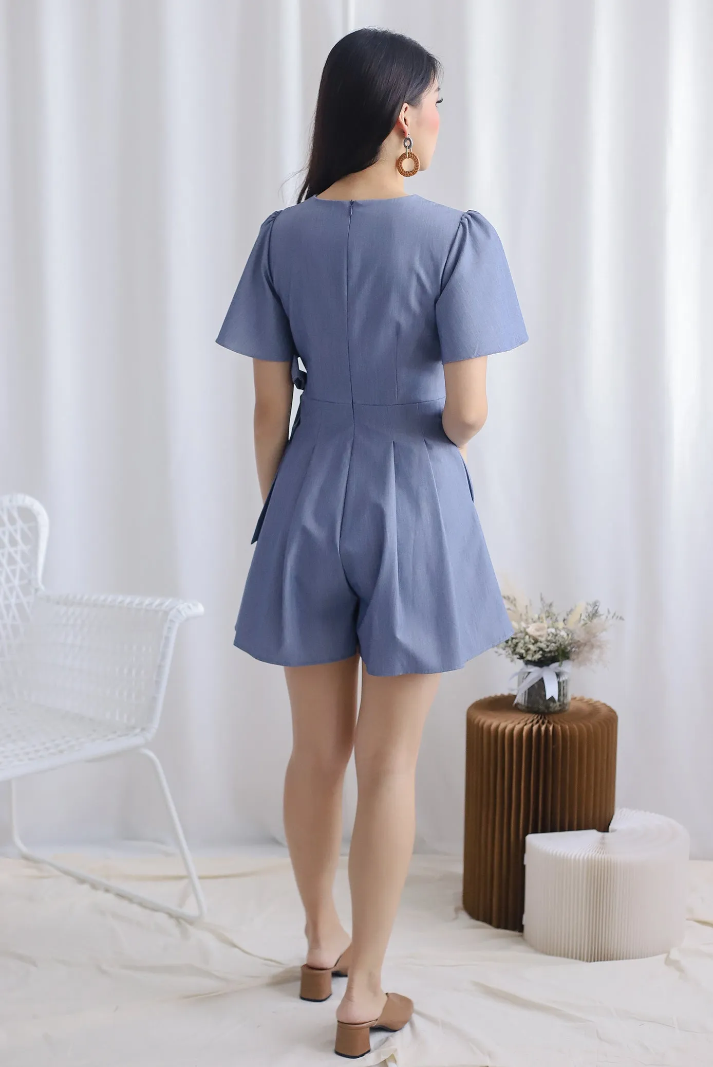 TDC Blossom Sleeved Romper In Dark Blue