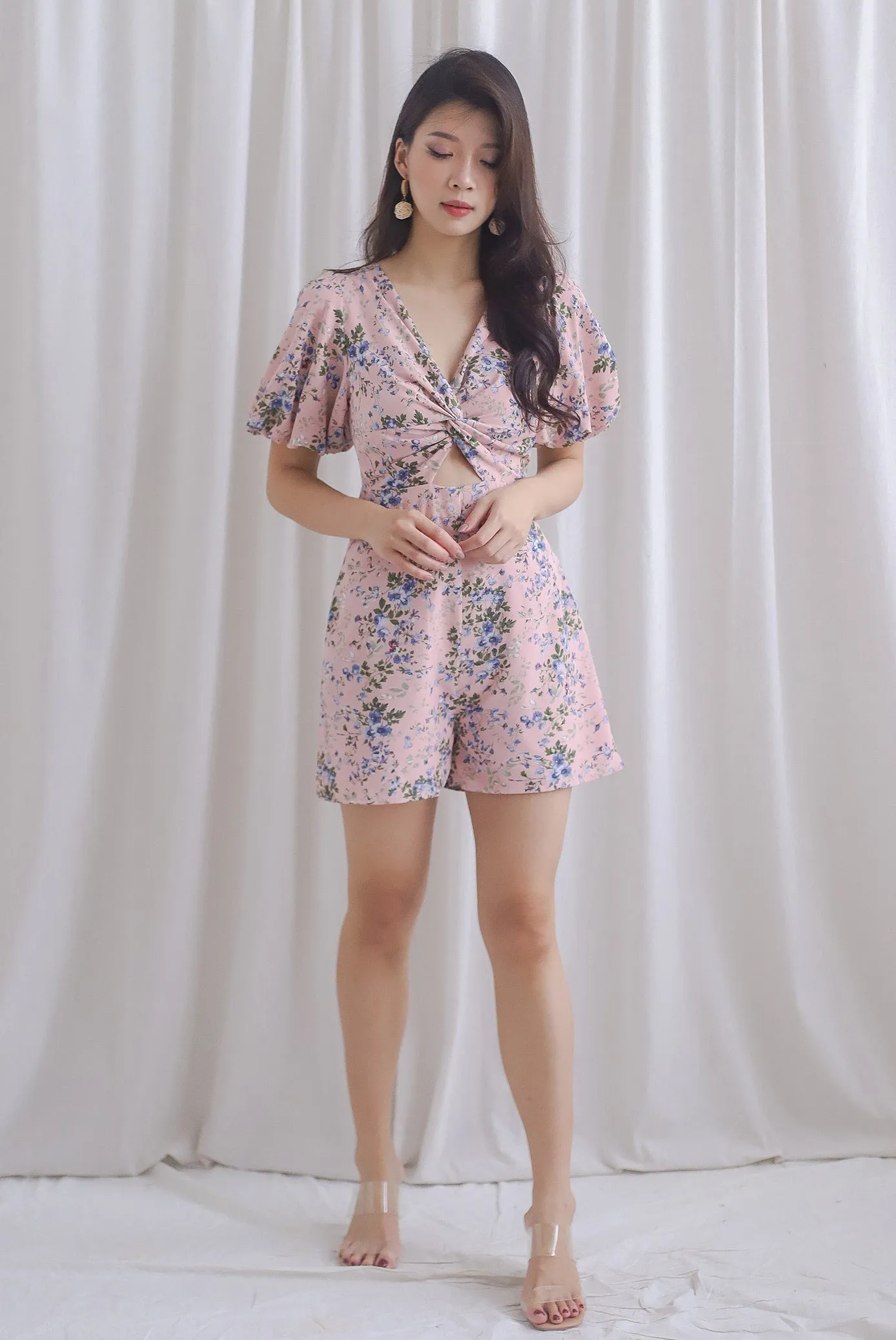 TDC Joyelle Twist Knot Cut Out Romper In Pink