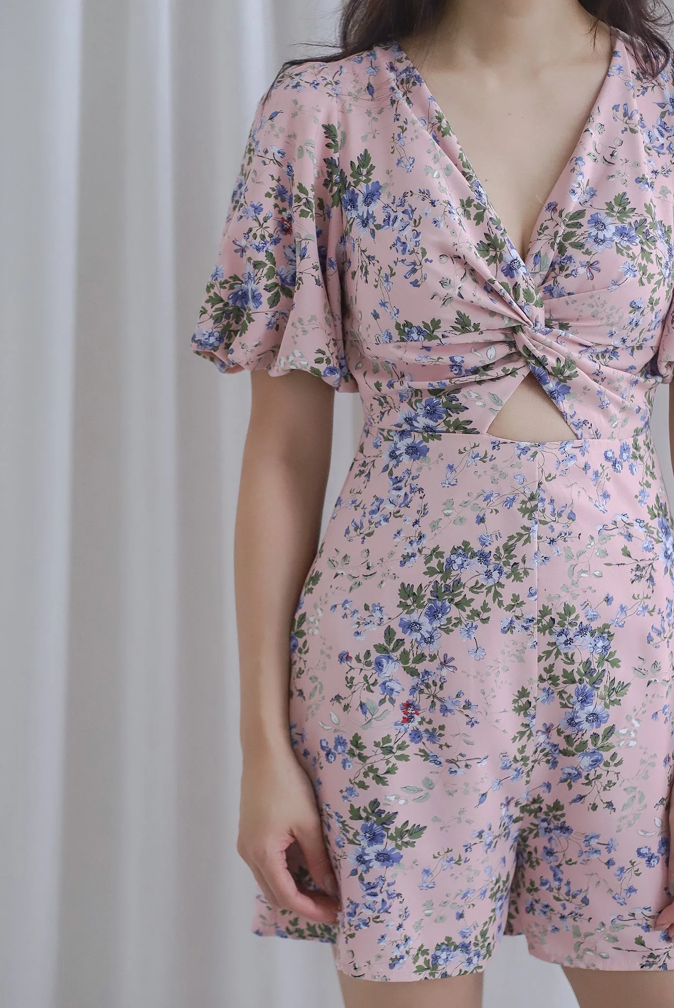 TDC Joyelle Twist Knot Cut Out Romper In Pink