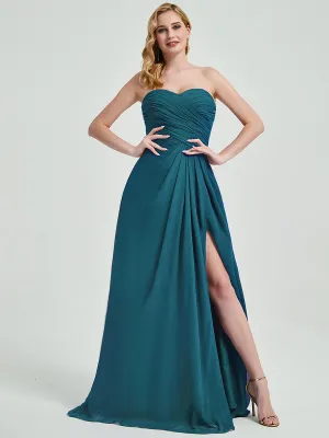 Teal Strapless Floor-Length A-Line Chiffon Bridesmaid Dress with Slit