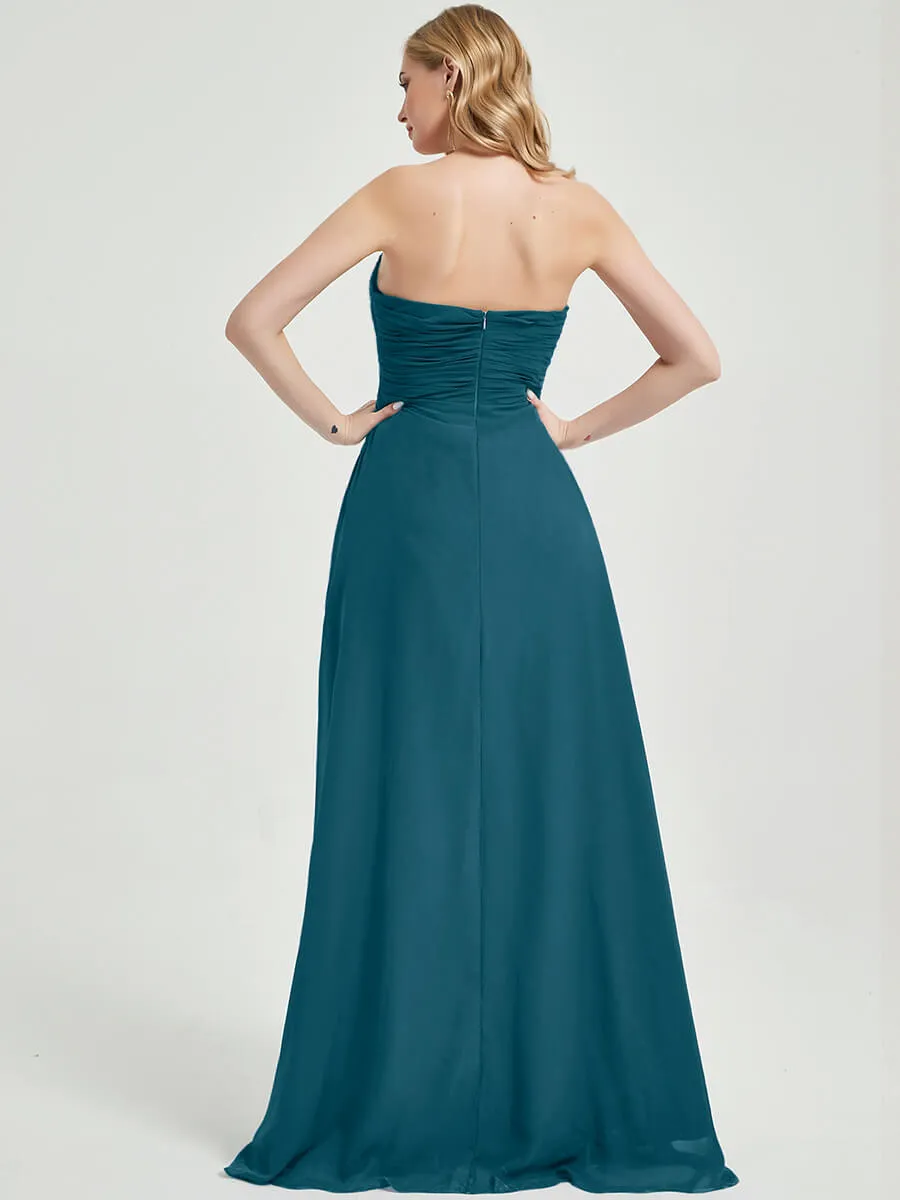 Teal Strapless Floor-Length A-Line Chiffon Bridesmaid Dress with Slit