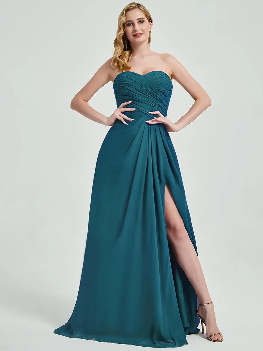 Teal Strapless Floor-Length A-Line Chiffon Bridesmaid Dress with Slit