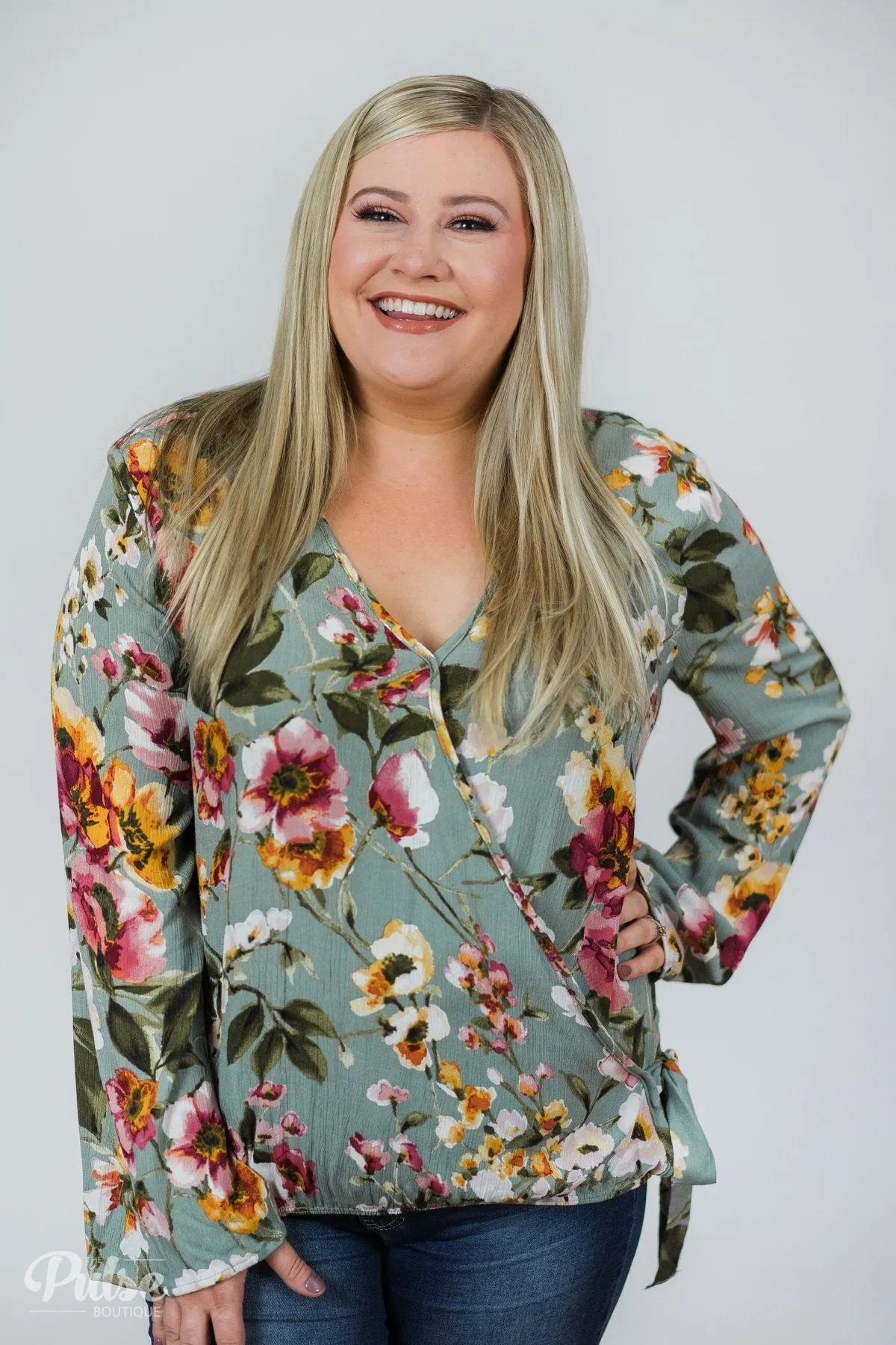 That's A Wrap Floral Top- Seafoam Green