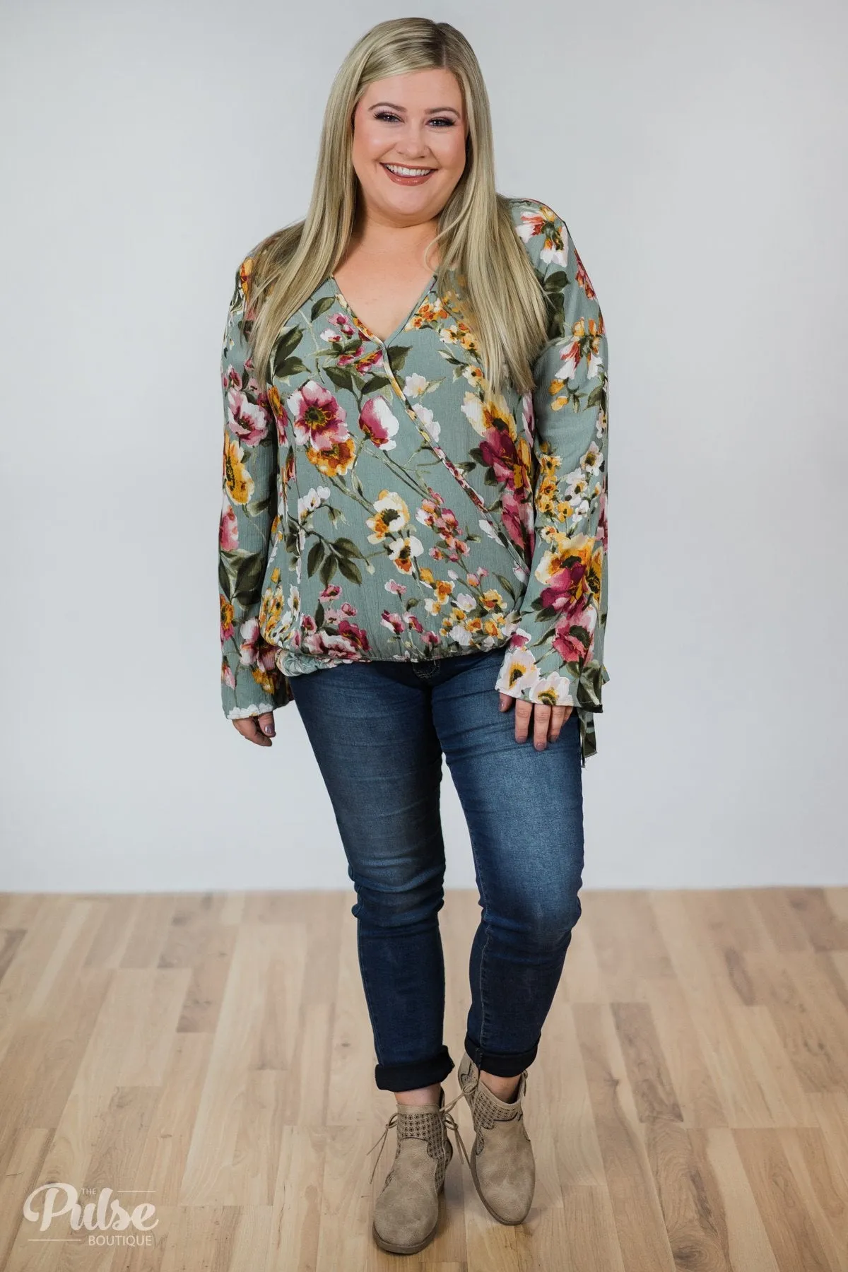 That's A Wrap Floral Top- Seafoam Green