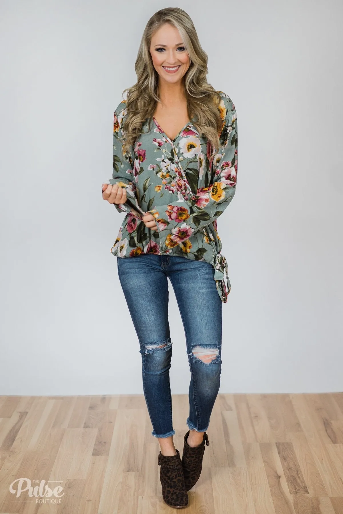 That's A Wrap Floral Top- Seafoam Green
