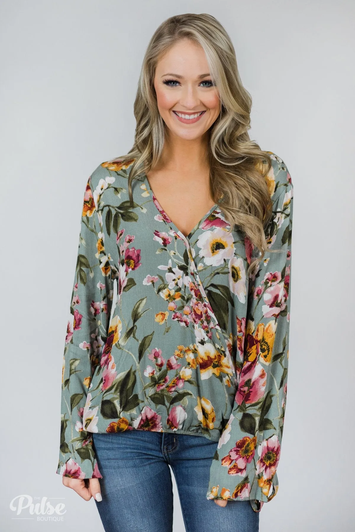 That's A Wrap Floral Top- Seafoam Green