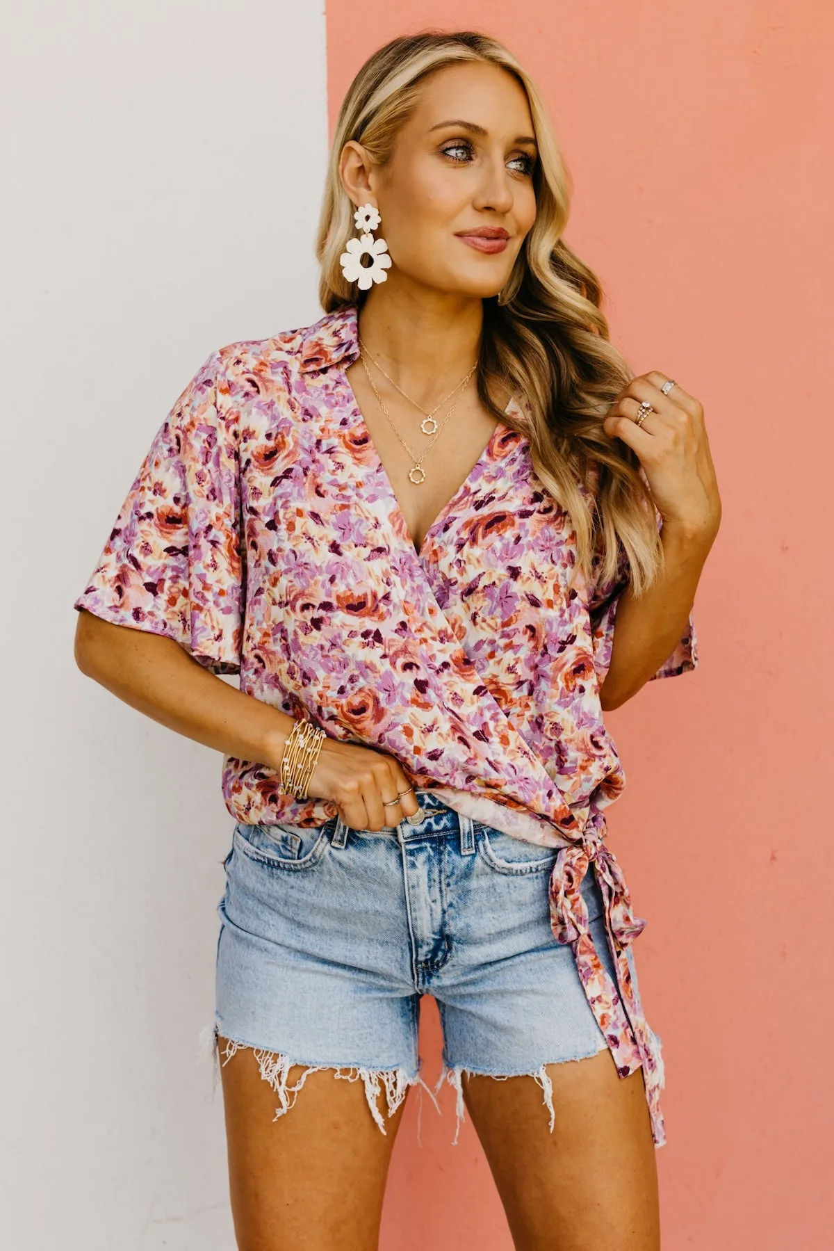 The Addisyn Floral Surplice Side Tie Blouse