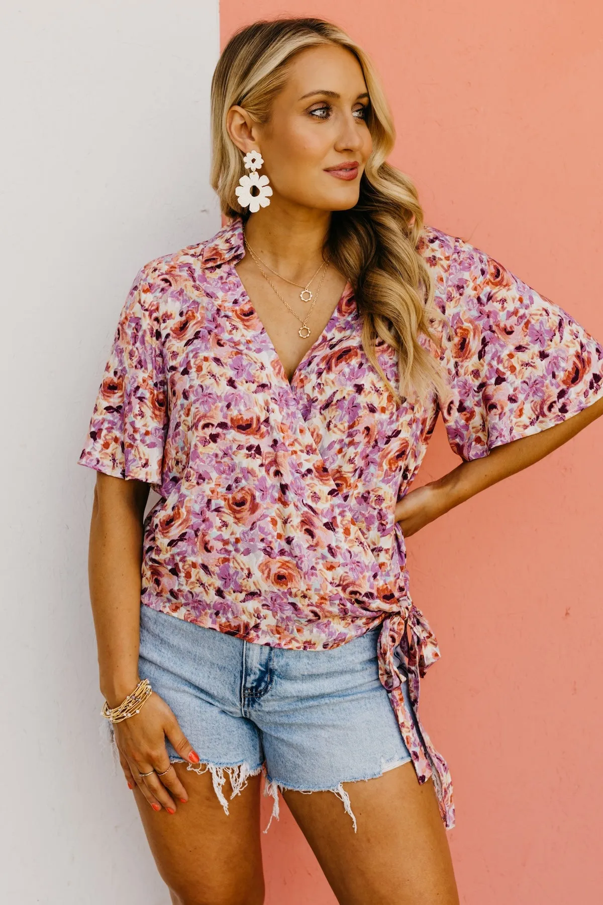 The Addisyn Floral Surplice Side Tie Blouse