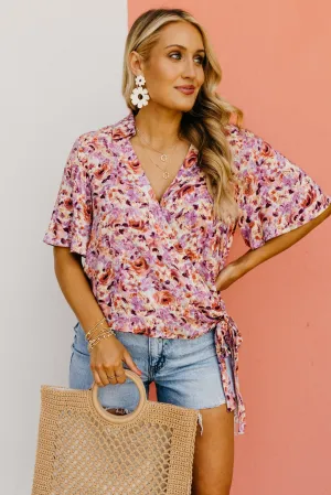 The Addisyn Floral Surplice Side Tie Blouse