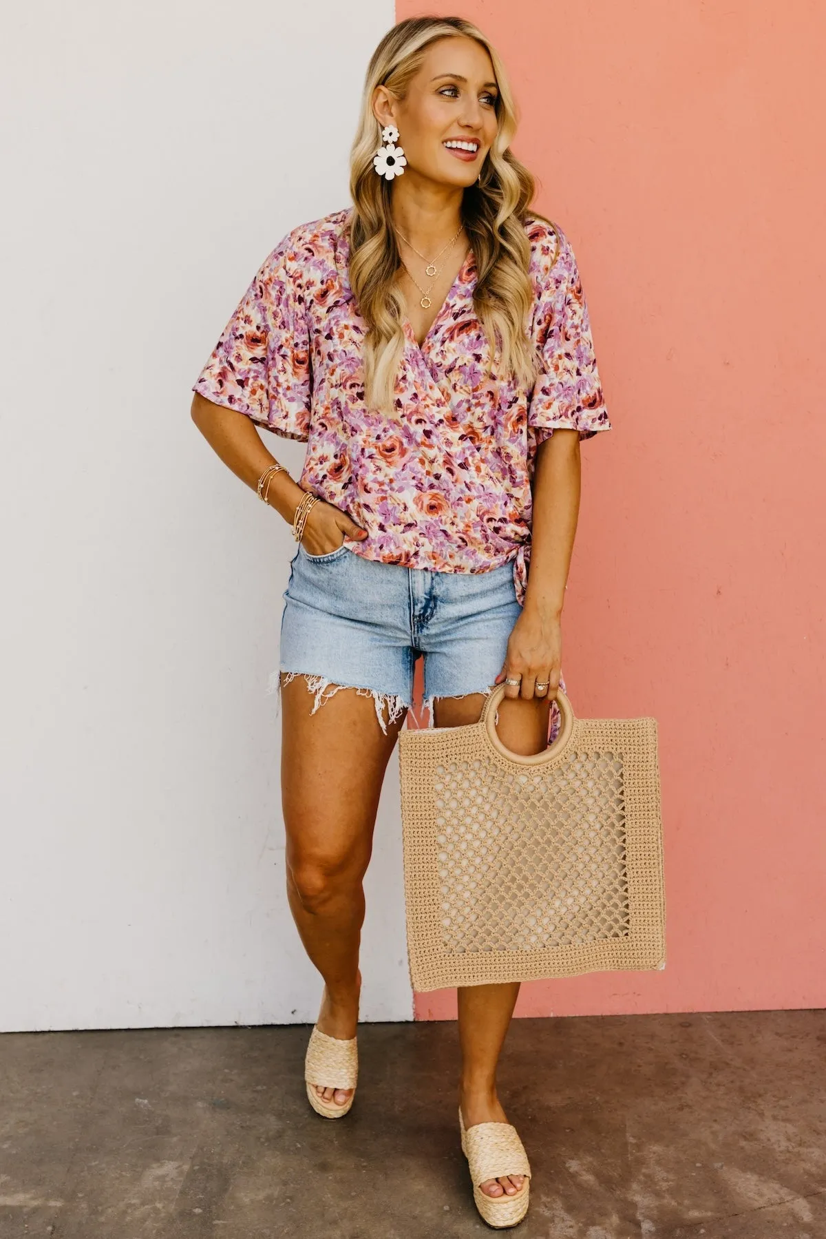 The Addisyn Floral Surplice Side Tie Blouse