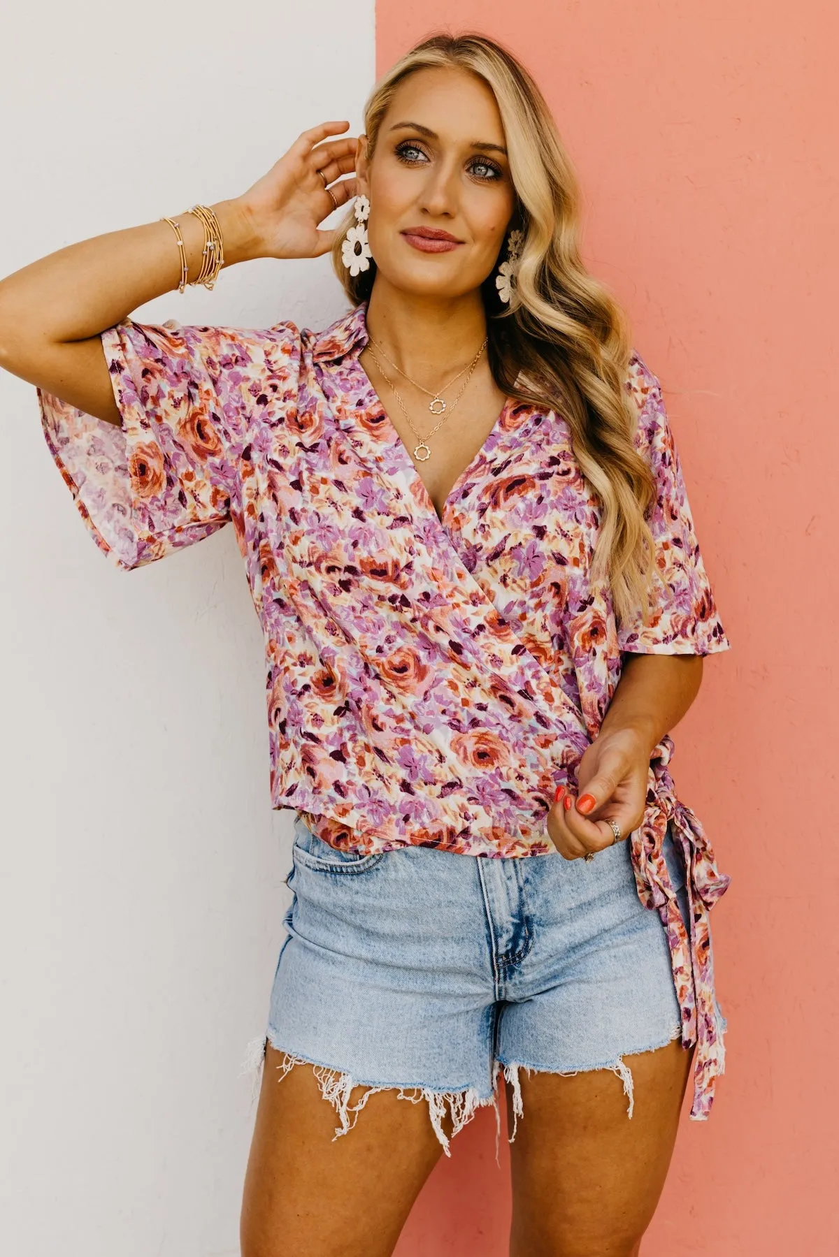 The Addisyn Floral Surplice Side Tie Blouse