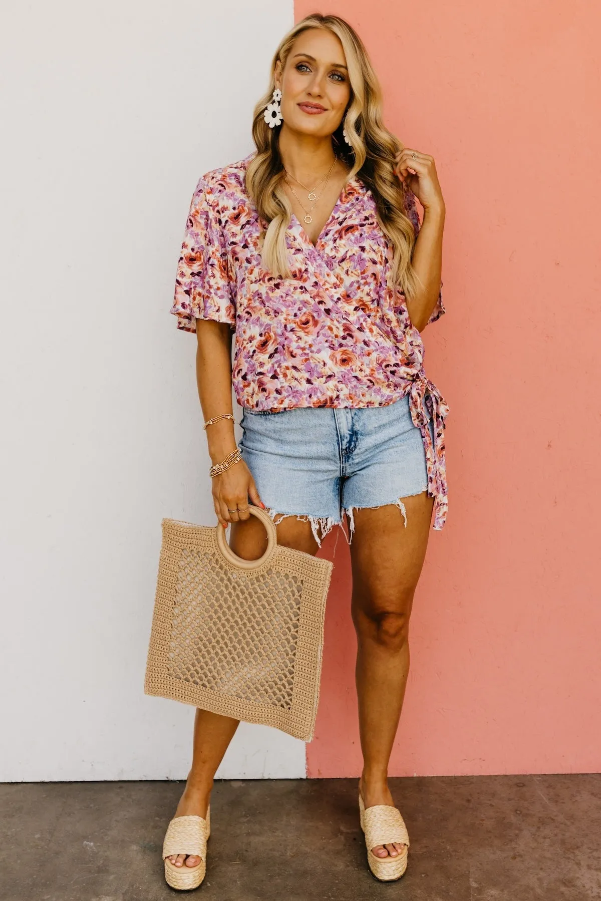 The Addisyn Floral Surplice Side Tie Blouse