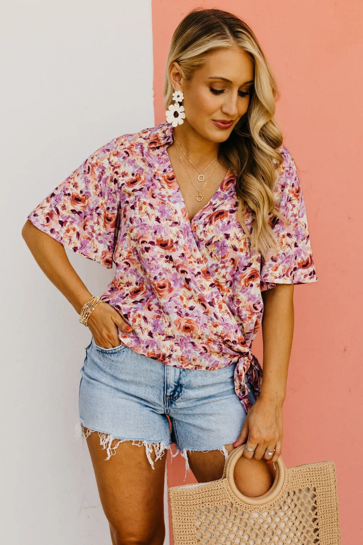The Addisyn Floral Surplice Side Tie Blouse