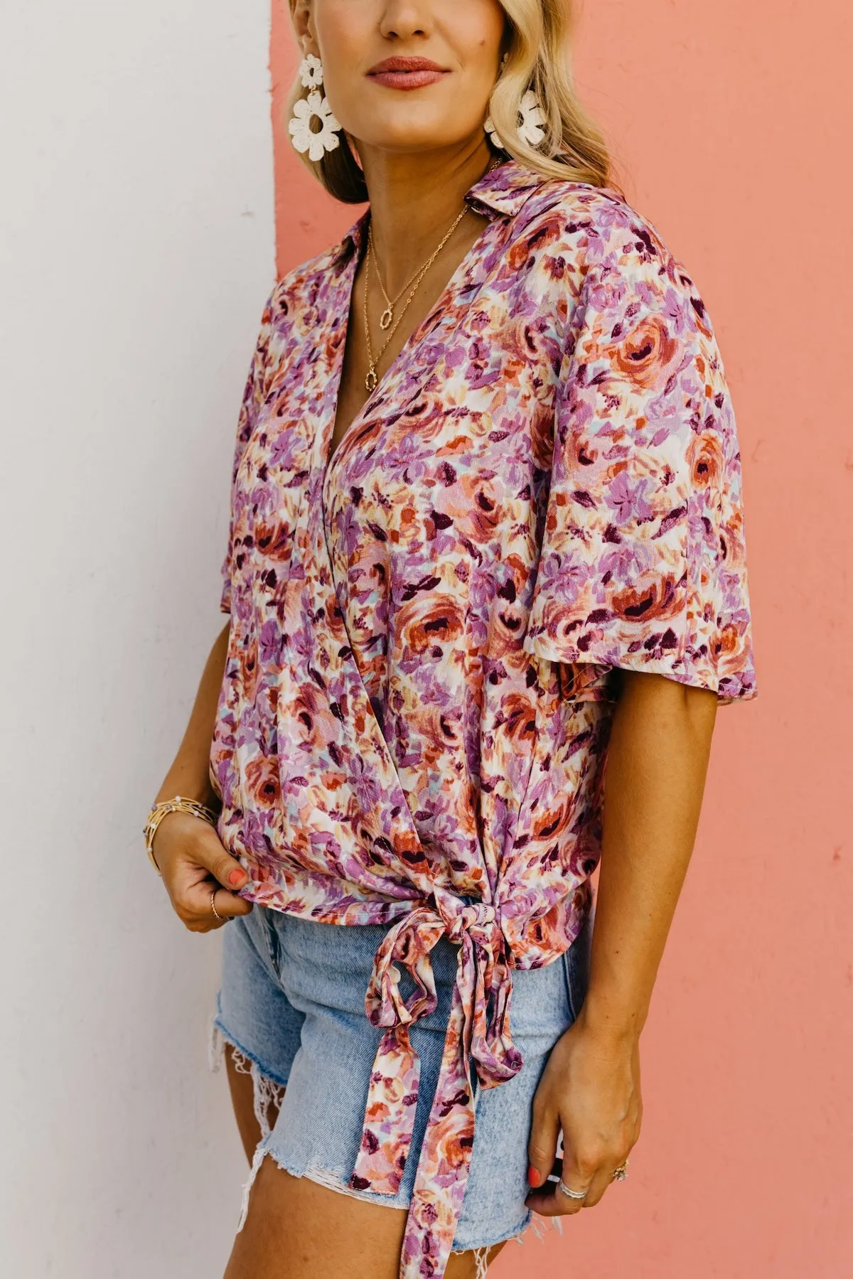The Addisyn Floral Surplice Side Tie Blouse