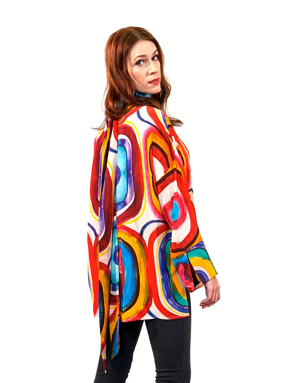 THE ANITA ABSTRACT SILK BLOUSE WITH NECK TIE